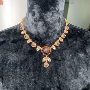 Mid-Century Faux Topaz Set Necklace & Large Clip on Disc Earrings Brown Gold